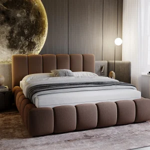 Gestoffeerd bed Cloud 200×200 bruin – opbergruimte voor beddengoed, houten lattenbodem, doorgestikt hoofdbord en bedframe