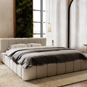 Gestoffeerd bed Split 180×200 lichtgrijs – opbergruimte voor beddengoed, houten lattenbodem, doorgestikt hoofdbord en bedframe Gestoffeerd bed Split 180×200 lichtgrijs – opbergruimte voor beddengoed, houten lattenbodem, doorgestikt hoofdbord en bedframe