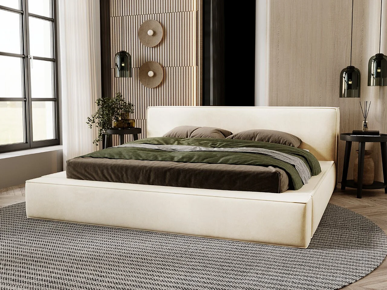 Gestoffeerd bed Mali 120x200 beige - opbergruimte voor beddengoed, houten lattenbodem, doorgestikt hoofdbord en bedframe