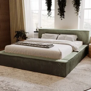 Gestoffeerd bed Lago 140×200 groen – opbergruimte voor beddengoed, houten lattenbodem, doorgestikt hoofdbord en bedframe