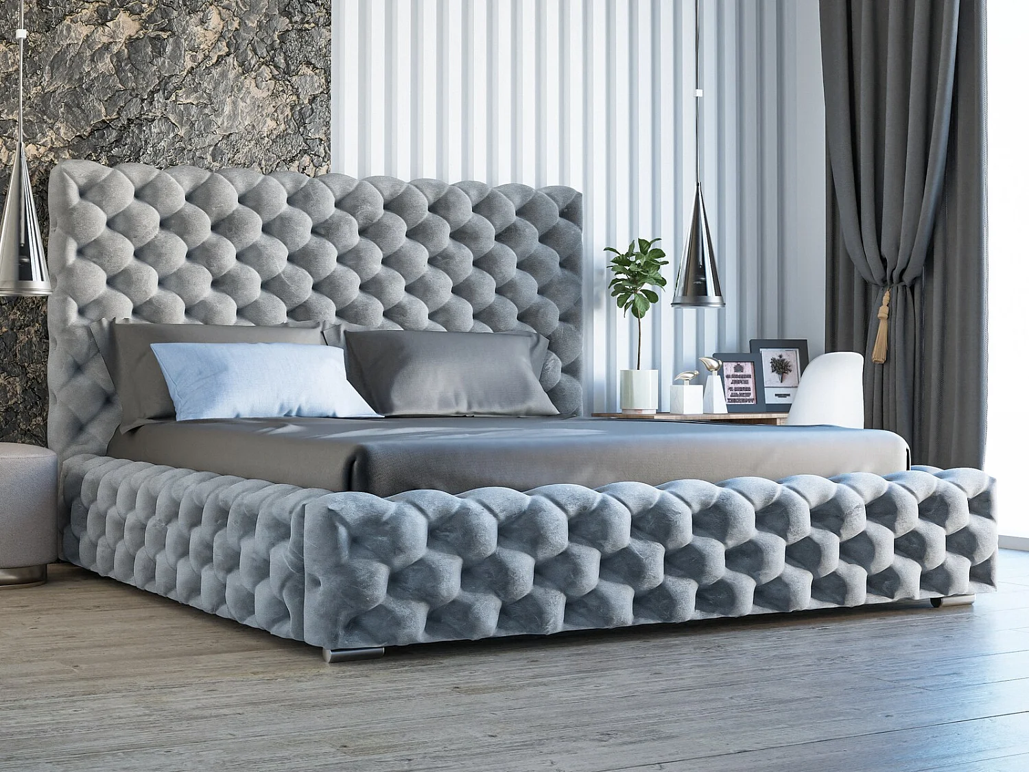 Gestoffeerd bed Heaven 200x200 lichtgrijs - opbergruimte voor beddengoed, houten lattenbodem, doorgestikt hoofdbord en bedframe