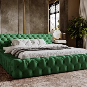 Gestoffeerd bed Palini 140×200 groen – opbergruimte voor beddengoed, houten lattenbodem, doorgestikt hoofdbord en bedframe