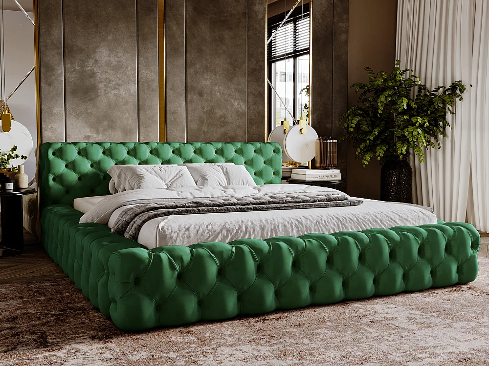 Gestoffeerd bed Palini 140x200 groen - opbergruimte voor beddengoed, houten lattenbodem, doorgestikt hoofdbord en bedframe