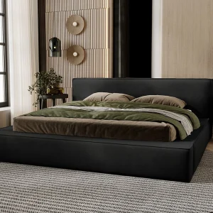 Gestoffeerd bed Mali 180×200 zwart – opbergruimte voor beddengoed, houten lattenbodem, doorgestikt hoofdbord en bedframe