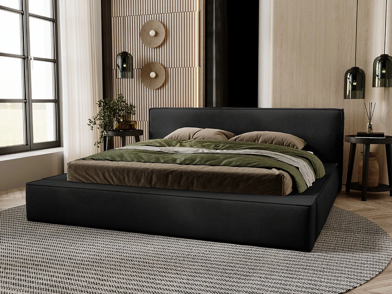 Gestoffeerd bed Mali 180x200 zwart - opbergruimte voor beddengoed, houten lattenbodem, doorgestikt hoofdbord en bedframe