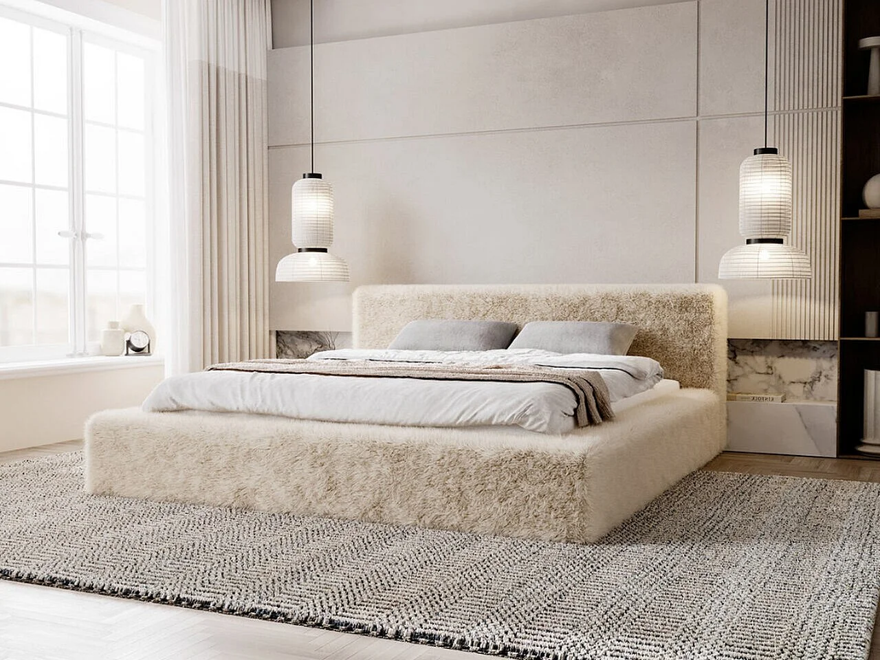Gestoffeerd bed Enjoy 180x200 beige - opbergruimte voor beddengoed, houten lattenbodem, doorgestikt hoofdbord en bedframe