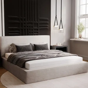 Gestoffeerd bed Monaco 120×200 lichtgrijs – opbergruimte voor beddengoed, houten lattenbodem, doorgestikt hoofdbord en bedframe Gestoffeerd bed Monaco 120×200 lichtgrijs – opbergruimte voor beddengoed, houten lattenbodem, doorgestikt hoofdbord en bedframe