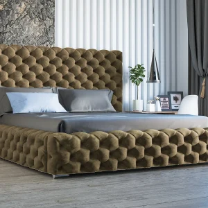Gestoffeerd bed Heaven 200×200 bruin – opbergruimte voor beddengoed, houten lattenbodem, doorgestikt hoofdbord en bedframe