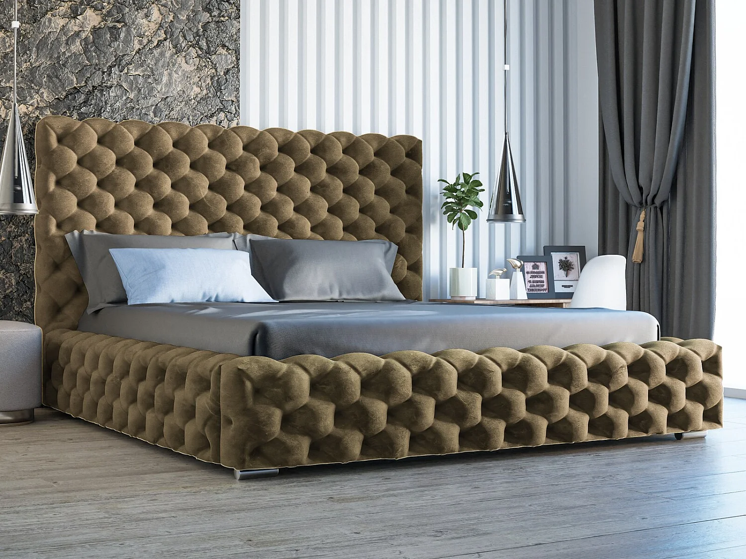Gestoffeerd bed Heaven 200x200 bruin - opbergruimte voor beddengoed, houten lattenbodem, doorgestikt hoofdbord en bedframe