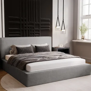Gestoffeerd bed Monaco 180×200 grijs – opbergruimte voor beddengoed, houten lattenbodem, doorgestikt hoofdbord en bedframe