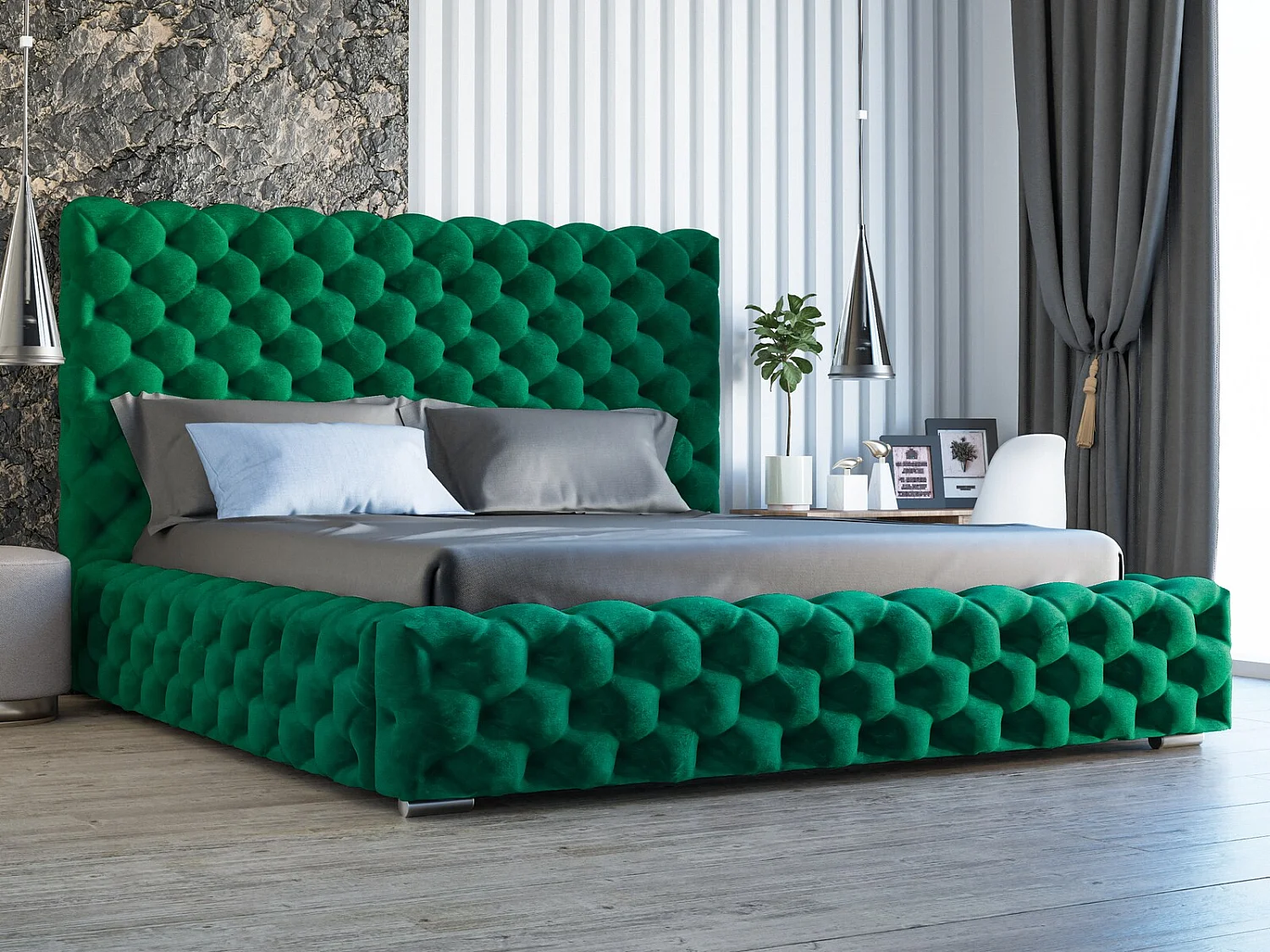 Gestoffeerd bed Heaven 200x200 groen - opbergruimte voor beddengoed, houten lattenbodem, doorgestikt hoofdbord en bedframe
