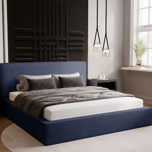 Gestoffeerd bed Monaco 200×200 blauw – opbergruimte voor beddengoed, houten lattenbodem, doorgestikt hoofdbord en bedframe