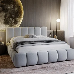 Gestoffeerd bed Cloud 140×200 lichtgrijs – opbergruimte voor beddengoed, houten lattenbodem, doorgestikt hoofdbord en bedframe