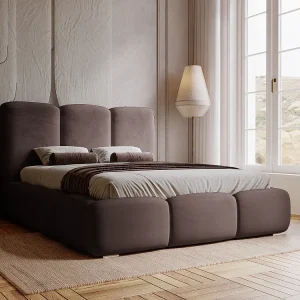 Gestoffeerd bed Bubble 200×200 brun – opbergruimte voor beddengoed, houten lattenbodem, doorgestikt hoofdbord en bedframe
