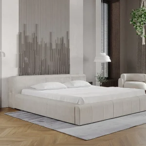 Gestoffeerd bed Lipari 160×200 beige – opbergruimte voor beddengoed, houten lattenbodem, doorgestikt hoofdbord en bedframe Gestoffeerd bed Lipari 160×200 beige – opbergruimte voor beddengoed, houten lattenbodem, doorgestikt hoofdbord en bedframe