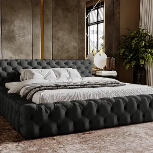 Gestoffeerd bed Palini 180×200 zwart – opbergruimte voor beddengoed, houten lattenbodem, doorgestikt hoofdbord en bedframe