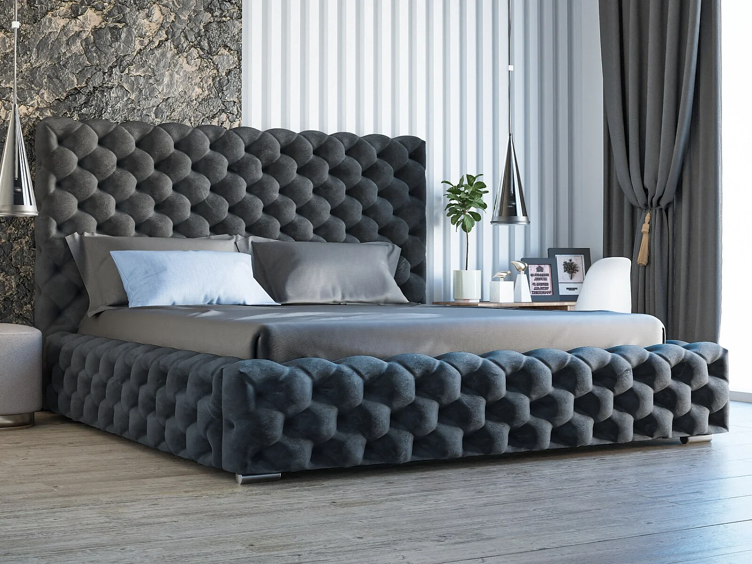 Gestoffeerd bed Heaven 160x200 zwart - opbergruimte voor beddengoed, houten lattenbodem, doorgestikt hoofdbord en bedframe