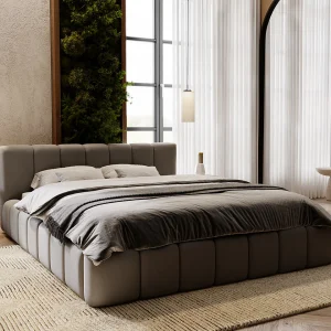 Gestoffeerd bed Split 140×200 grijs – opbergruimte voor beddengoed, houten lattenbodem, doorgestikt hoofdbord en bedframe Gestoffeerd bed Split 140×200 grijs – opbergruimte voor beddengoed, houten lattenbodem, doorgestikt hoofdbord en bedframe