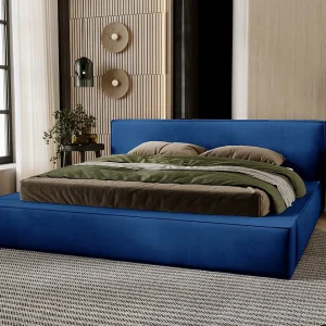 Gestoffeerd bed Mali 120×200 blauw – opbergruimte voor beddengoed, houten lattenbodem, doorgestikt hoofdbord en bedframe