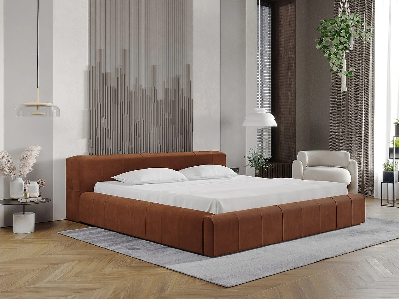 Gestoffeerd bed Lipari 120x200 bruin - opbergruimte voor beddengoed, houten lattenbodem, doorgestikt hoofdbord en bedframe