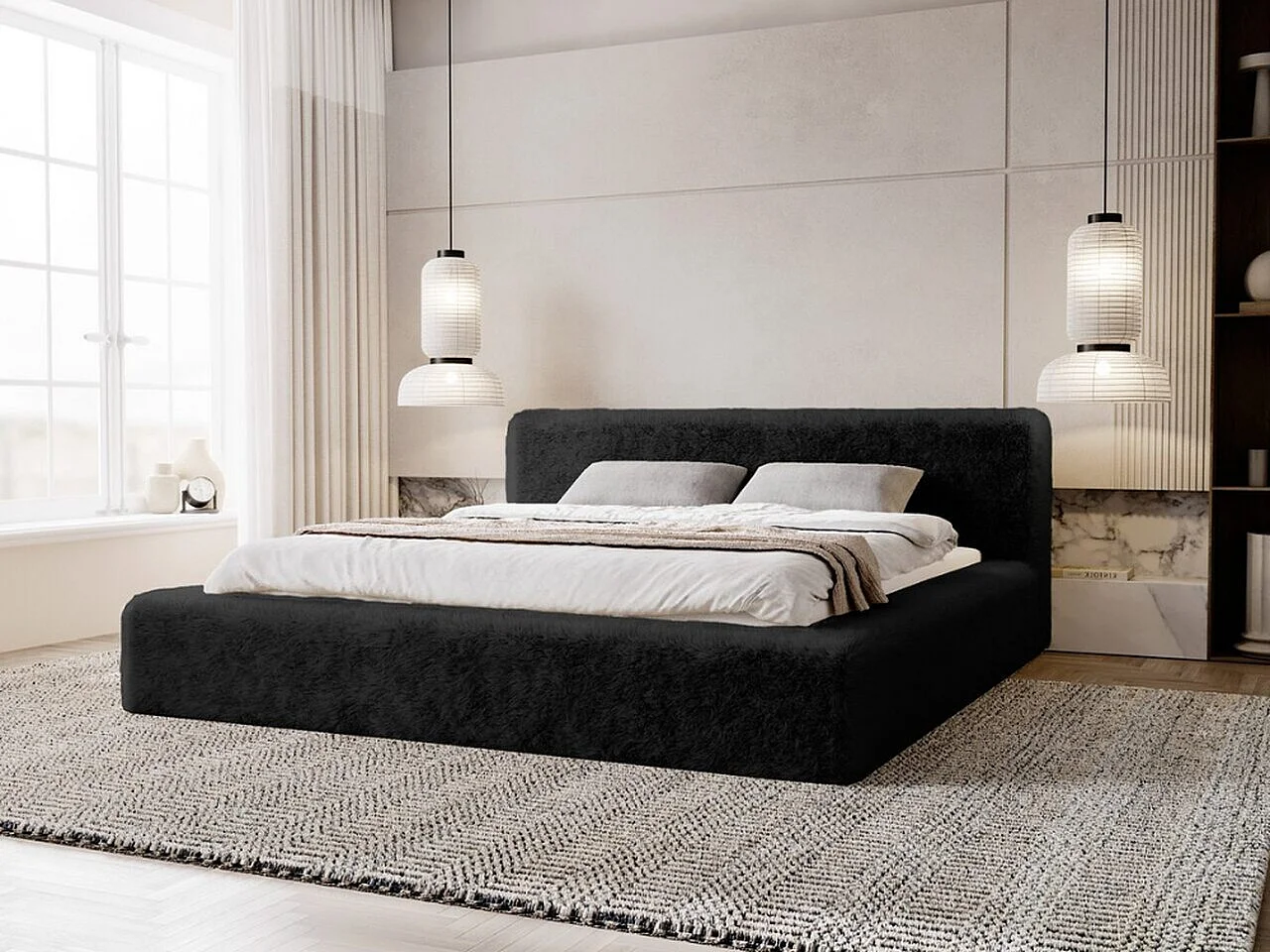 Gestoffeerd bed Enjoy 180x200 zwart - opbergruimte voor beddengoed, houten lattenbodem, doorgestikt hoofdbord en bedframe