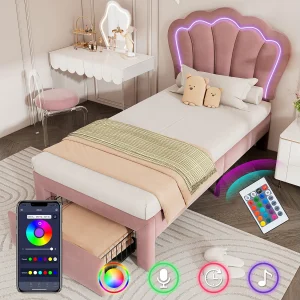 Gestoffeerd bed 90 x 200 cm met lade en verstelbaar hoofdeinde – Fluweel – LED's – Roze kleur