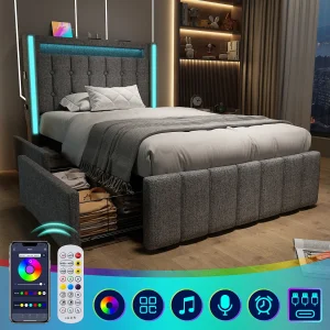 Gestoffeerd bed 90 x 200 cm met 2 lades – USB, Type C stopcontacten en LED verlichting – Linnenstof – Grijs (zonder matras)