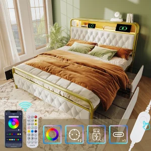 Gestoffeerd bed 140 x 200 cm met 2 lades en opberghoofdeinde – USB Type C stopcontacten en LED's – Fluweel – Wit (zonder matras) Gestoffeerd bed 140 x 200 cm met 2 lades en opberghoofdeinde – USB Type C stopcontacten en LED's – Fluweel – Wit (zonder matras)