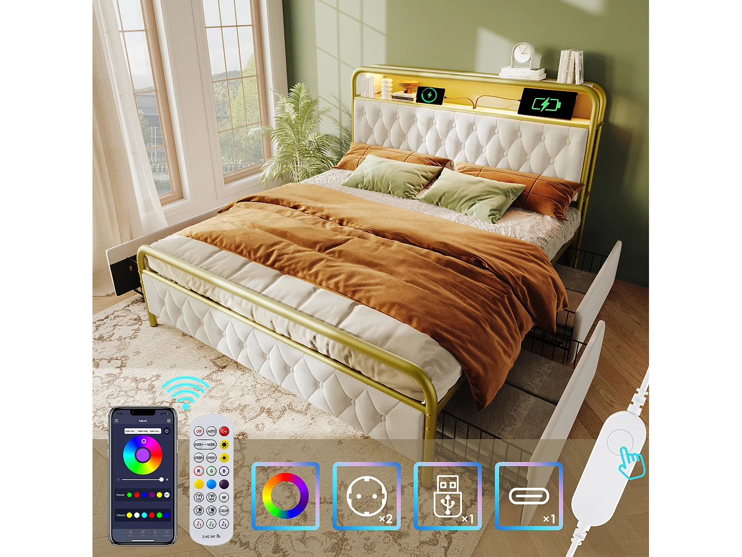 Gestoffeerd bed 140 x 200 cm met 2 lades en opberghoofdeinde - USB Type C stopcontacten en LED's - Fluweel - Wit (zonder matras)
