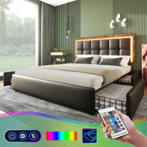Gestoffeerd bed 160 x 200 cm met 4 laden en verstelbaar hoofdeinde – LED's – PU leer – Zwart (zonder matras) Gestoffeerd bed 160 x 200 cm met 4 laden en verstelbaar hoofdeinde – LED's – PU leer – Zwart (zonder matras)