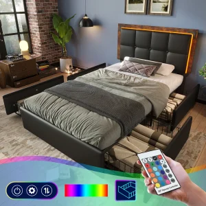 Gestoffeerd bed 90 x 200 cm met 4 laden en verstelbaar hoofdeinde – LED's – PU leer – Zwart (zonder matras)