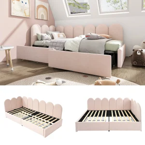 Gestoffeerd bed 90 x 200 cm met 2 lades en hoofdeinde – Fluweel – Slaapbank – Roze (zonder matras)