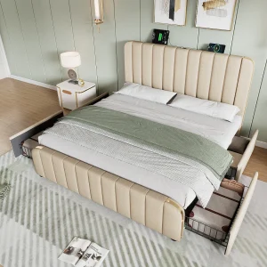 Gestoffeerd bed 160 x 200 cm met 4 lades en hoofdeinde – USB en Type-C stopcontacten – Linnenstof – Decoratieve strepen – Beige (zonder matras) Gestoffeerd bed 160 x 200 cm met 4 lades en hoofdeinde – USB en Type-C stopcontacten – Linnenstof – Decoratieve strepen – Beige (zonder matras)