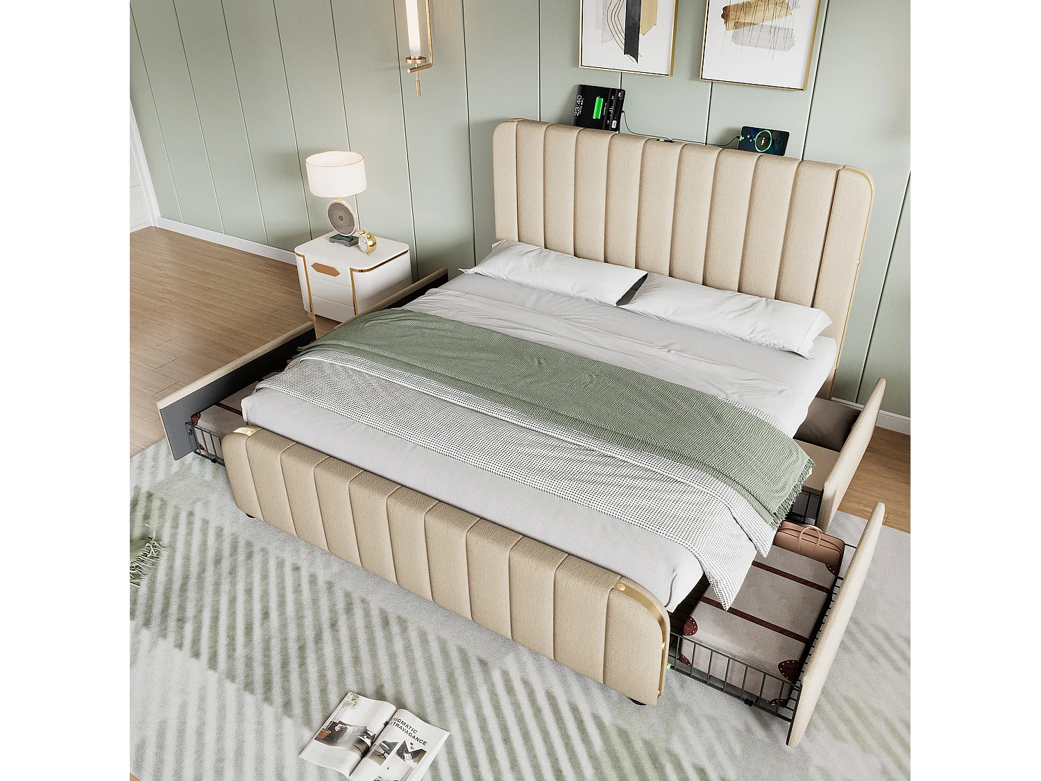 Gestoffeerd bed 160 x 200 cm met 4 lades en hoofdeinde - USB en Type-C stopcontacten - Linnenstof - Decoratieve strepen - Beige (zonder matras)