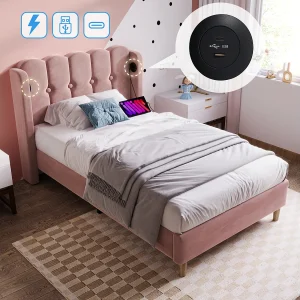 Gestoffeerd bed 90 x 200 cm met verstelbaar hoofdeinde – Fluweel – USB Type C en LED's – Roze