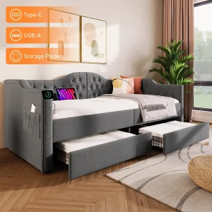Gestoffeerd bed 90 x 190 cm met USB Type C opladen en 2 lades, slaapbank – Linnenstof – Grijs