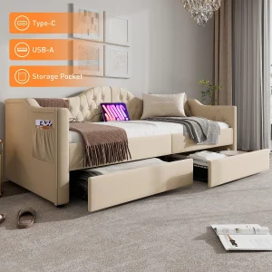 Gestoffeerd bed 90 x 200 cm met USB Type C opladen en 2 lades, Slaapbank – Fluweel – Beige