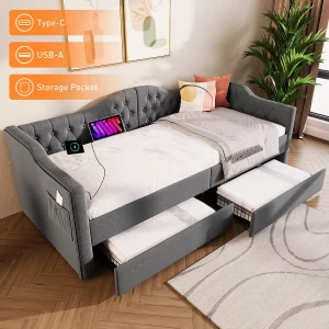 Gestoffeerd bed 90 x 200 cm met USB Type C opladen en 2 lades, slaapbank – Linnen stof – Grijs