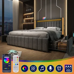 Gestoffeerd bed 160 x 200 cm met 4 lades – USB Type C stopcontacten en LED verlichting – Linnen stof – Grijs (zonder matras) Gestoffeerd bed 160 x 200 cm met 4 lades – USB Type C stopcontacten en LED verlichting – Linnen stof – Grijs (zonder matras)