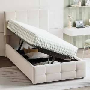 Gewatteerd opbergbed 90x200cm in fluweel – Beige