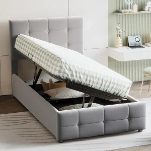 Gewatteerd opbergbed 90x200cm in fluweel – Grijs
