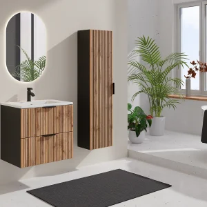 Hangende badkamerkolom met groeven, licht naturel en zwart, 140 cm, MADELA