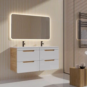 Hangend meubel voor dubbele waskom, naturel en wit voor badkamer, 120 cm, ARUBA