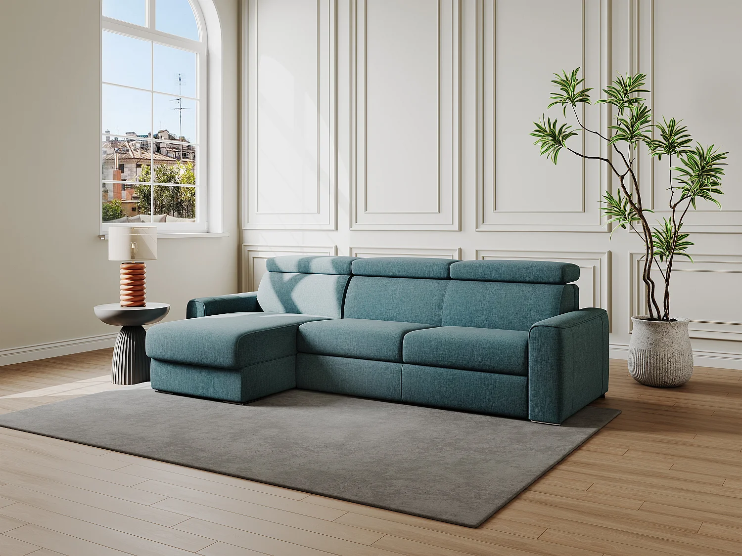 Omkeerbare slaapbank met hoek in beige stof Bed van 140 cm dikte 22 cm VIZIR