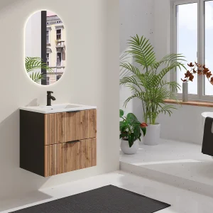 Gestreept hangend meubel onder wastafel, licht naturel en zwart, 60 cm, MADELA Gestreept hangend meubel onder wastafel, licht naturel en zwart, 60 cm, MADELA