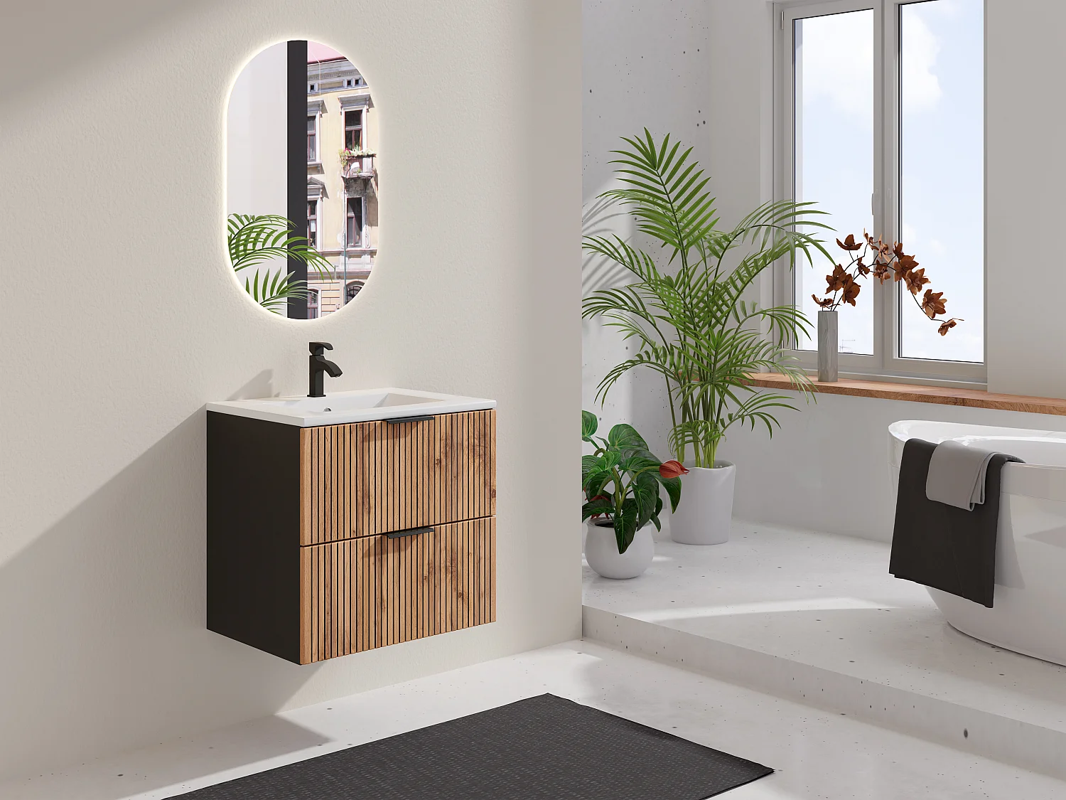 Hangmeubel met groeven met inbouwwastafel, licht naturel en zwart, 60 cm, MADELA