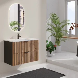 Hangmeubel met groeven met inbouwwastafel, licht naturel en zwart, 80 cm, MADELA Hangmeubel met groeven met inbouwwastafel, licht naturel en zwart, 80 cm, MADELA