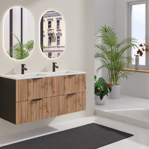Hangmeubel voor badkamer met groeven, licht naturel en zwart, 120 cm, MADELA Hangmeubel voor badkamer met groeven, licht naturel en zwart, 120 cm, MADELA