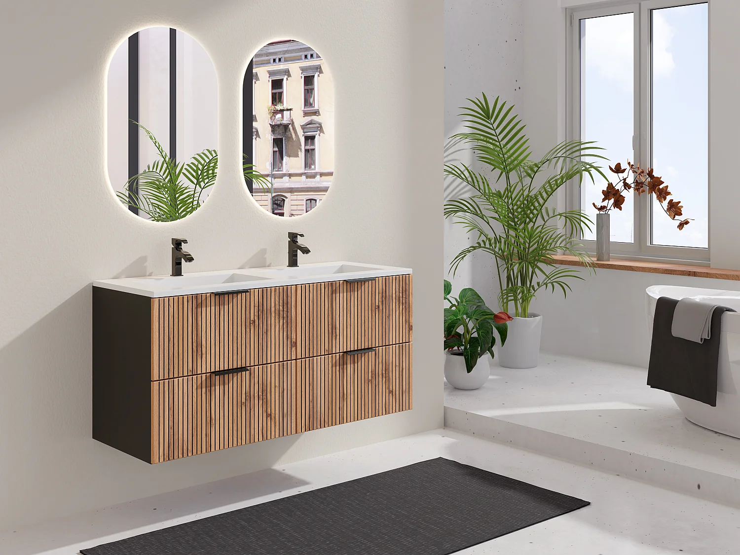 Hangmeubel met groeven met inbouwwastafel, licht naturel en zwart, 120 cm, MADELA