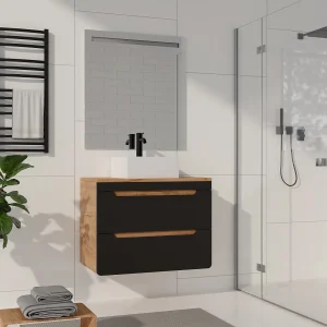 Hangmeubel voor badkamer met waskom om erop te plaatsen, 80 cm, licht naturel en antraciet, ARUBA